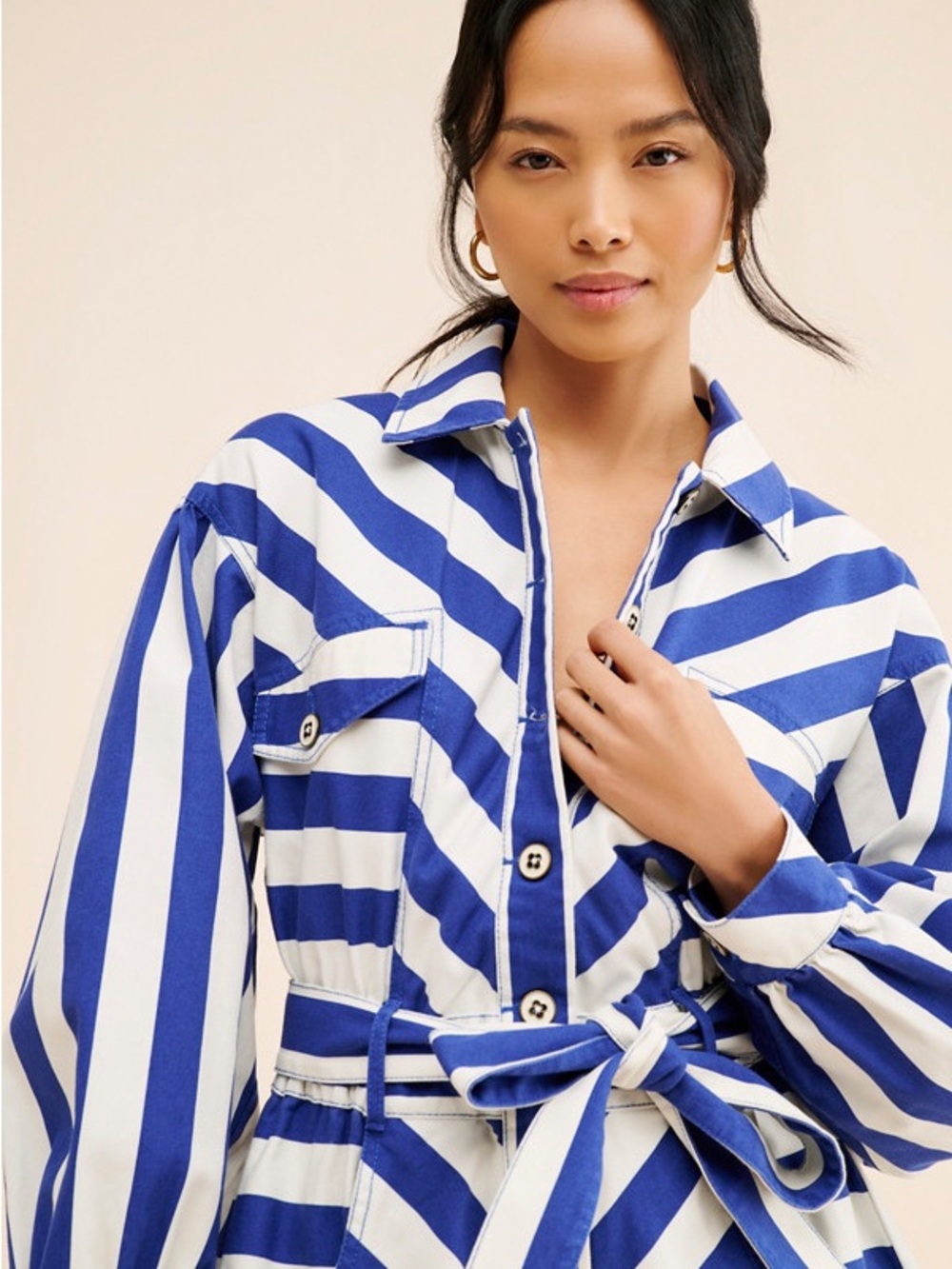 FARM Rio Blue and White Striped Button-Front Tie-Waist Romper - Picture 3 of 4